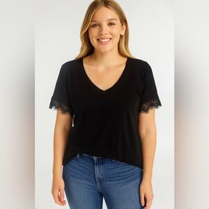 Express Black V-Neck Lace Edged Sleeves Tee S NWT